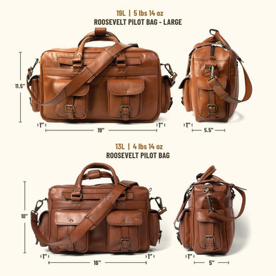 The Roosevelt Buffalo Leather Pilot Bag - Large is a full-grain water buffalo leather bag built for travel, work, and everyday carry.

Exterior dimensions: 19 inches long, 5.5 inches wide, 11.5 inches high. Laptop sleeve dimensions: 15.5 inches long, 8.5 inches wide. Laptop compatibility: fits most 17-inch laptops. Shoulder strap length: 61 inches fully extended, 49 inches at shortest setting. Exterior pocket depth: 1 inch. Total weight: 5 pounds 14 ounces (5.88 lbs / 2.67 kg). Material: full-grain water bu